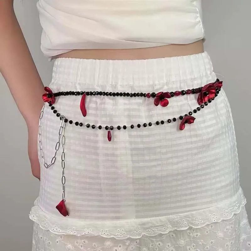 Women Jewelry Accessories For Black Dress - 빈티지 레드 플라워 허리 체인 여성용