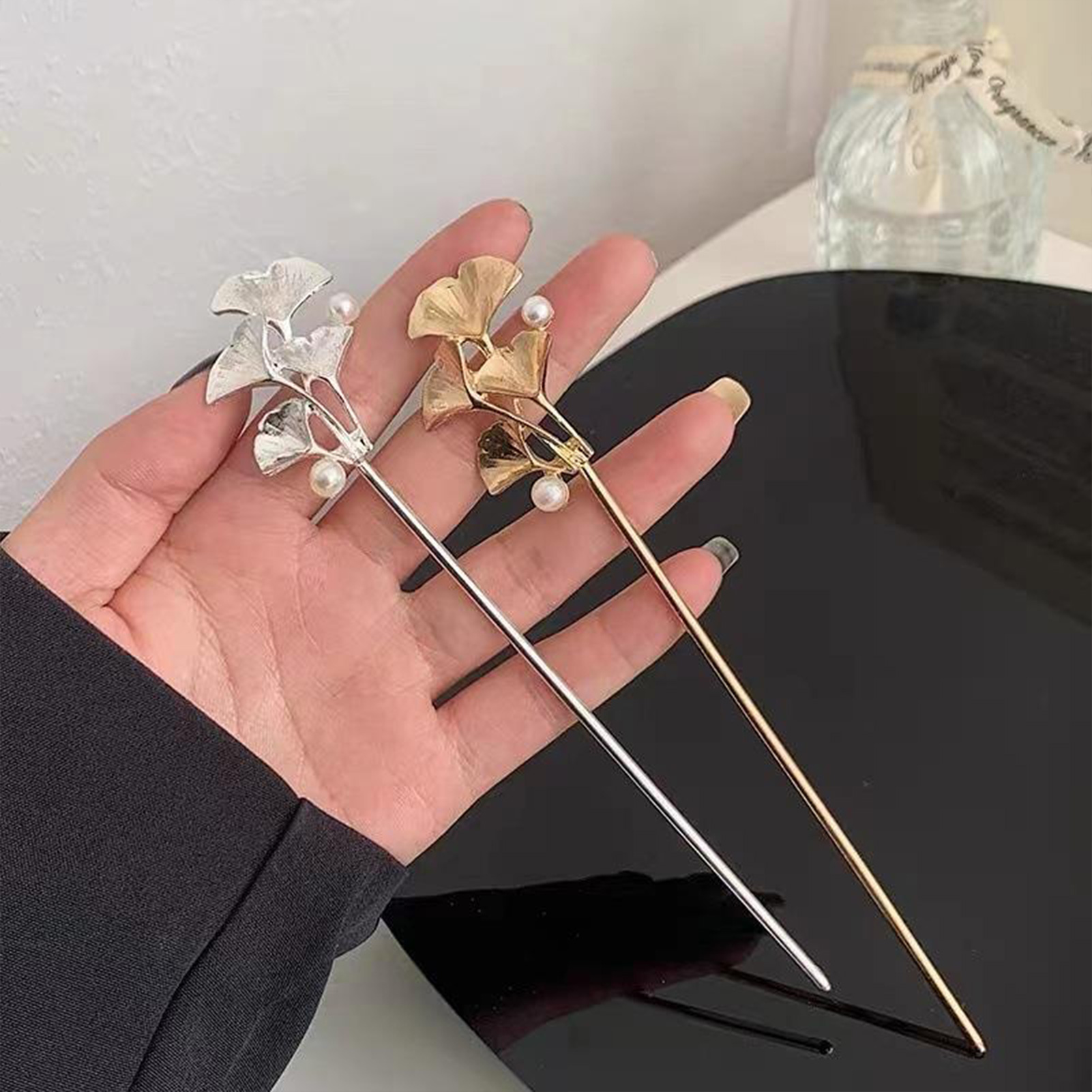 Pearl Hair Pin - 여성용 은행나무 잎 헤어 스틱 골드/실버