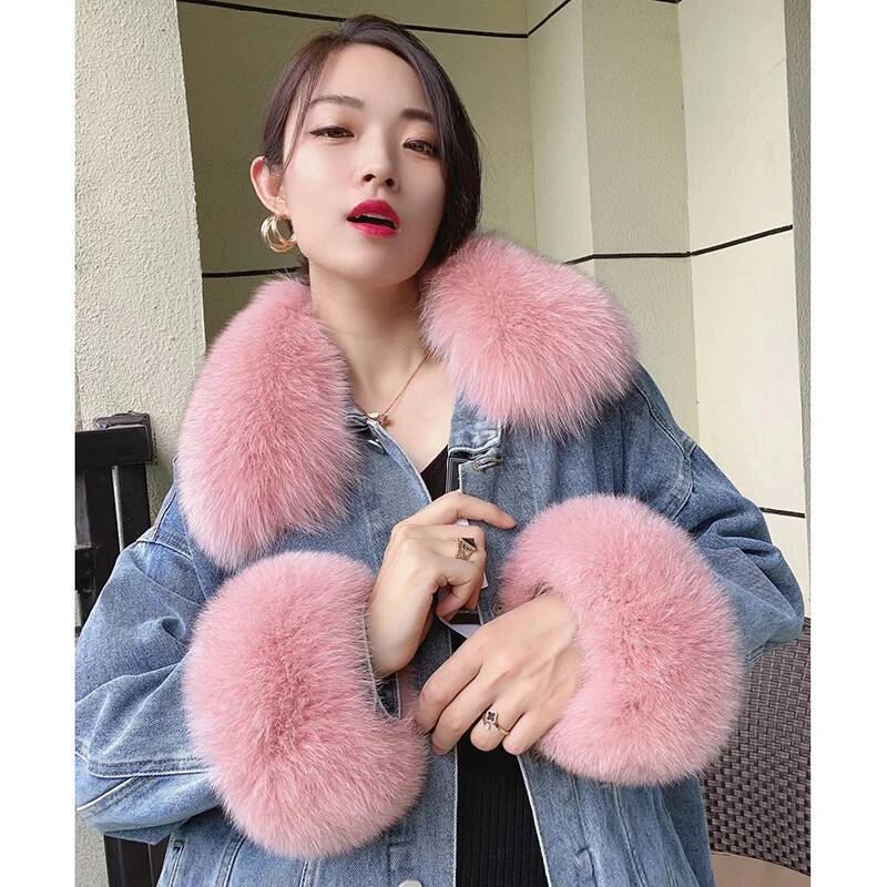 100% 리얼 폭스 모피 칼라 겨울 코트, 후드 모피  - Women'S Winter Accessories Set 리뷰 및 가격