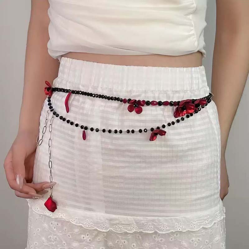 빈티지 레드 플라워 허리 체인 여성용 고스 블랙 비즈  - Women Jewelry Accessories For Black Dress 리뷰 및 가격
