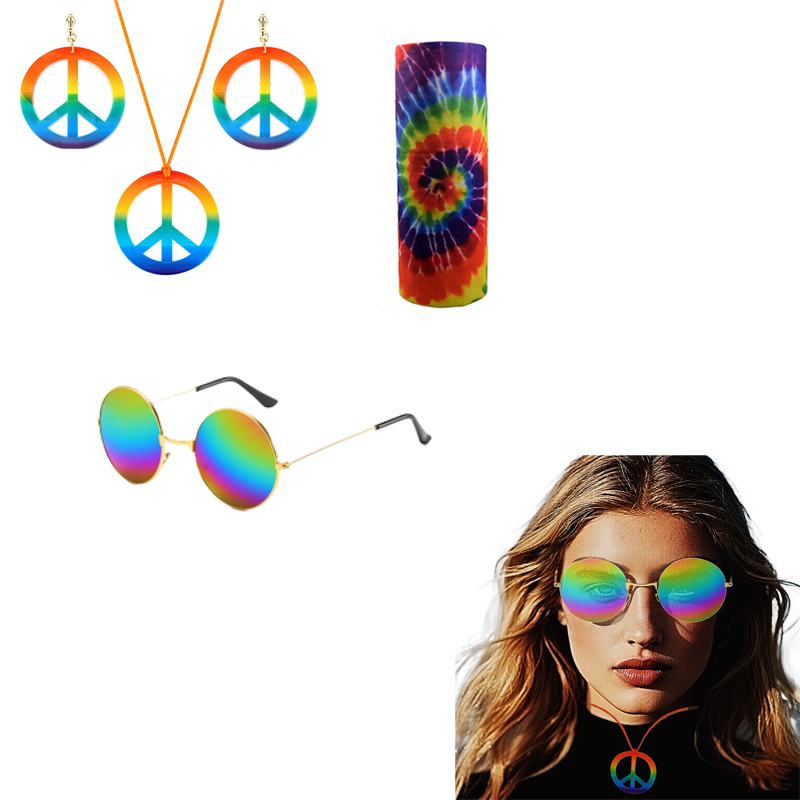 PESENAR 히피 의상 세트 안경 머리띠 평화 기호  - Women'S Accessories In The 60S 리뷰 및 가격